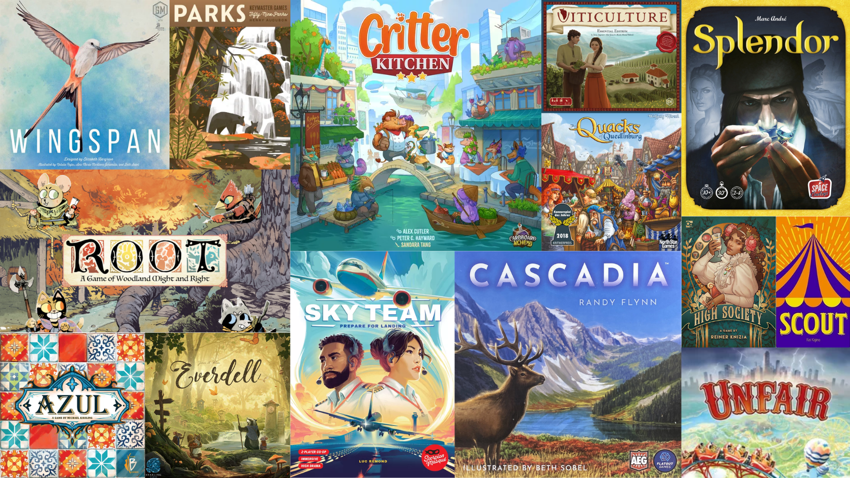 Banner featuring various board game covers. From left to right, top to bottom: Wingspan, Parks, Critter Kitchen, Viticulture, Splendor, Root, Quacks of Quedlingburg, High Society, Scout, Azul, Everdell, Sky Team, Cascadia, and Unfair.